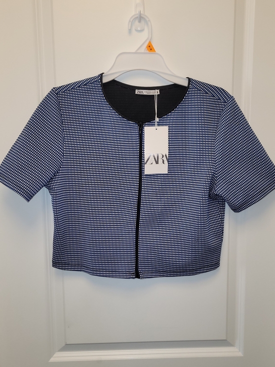 Zara Jackets & Blazers - ZARA NWT XL Blue White Textured Cropped Zip Front Jacket Short Sleeve